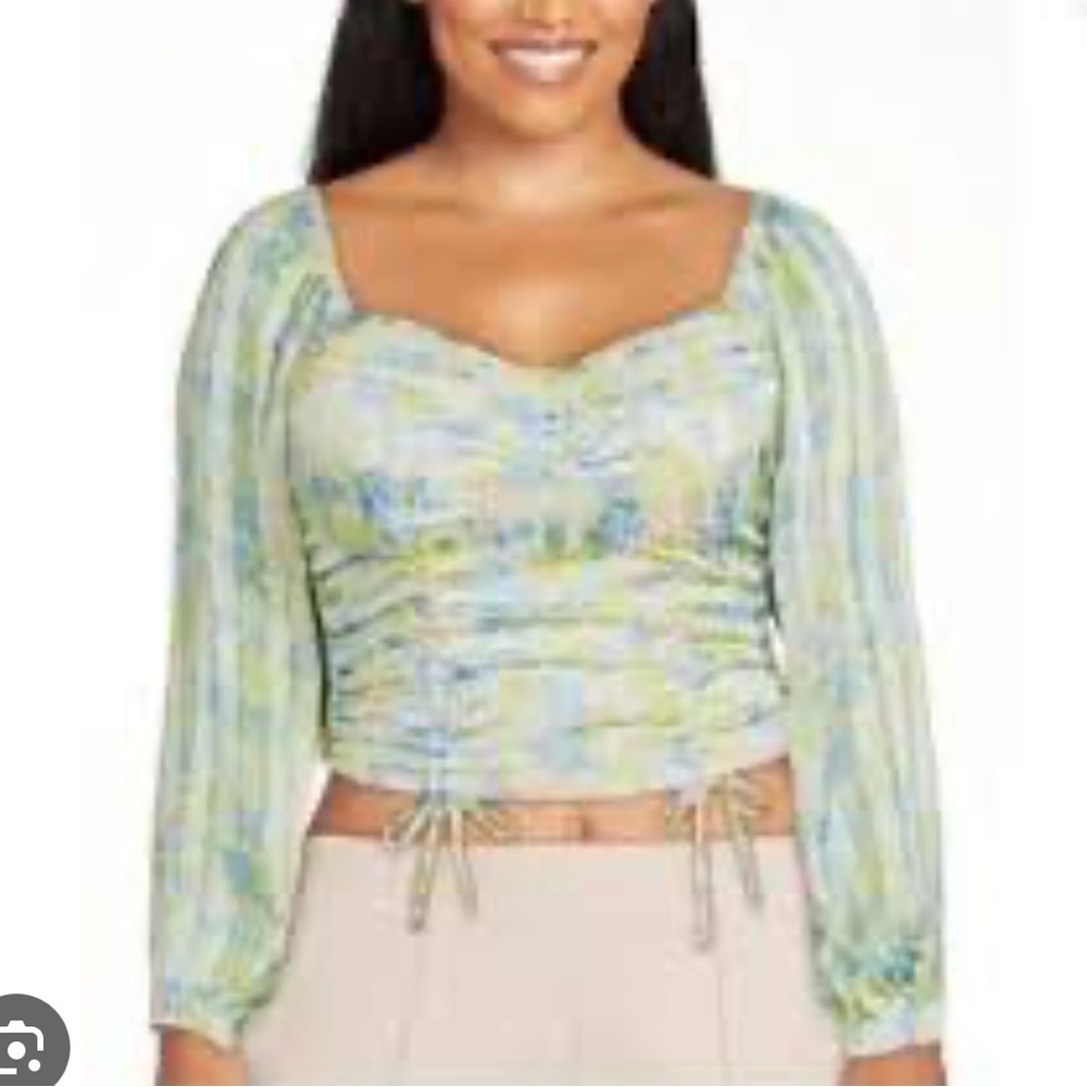Madden NYC Green Blue Floral Crop Long Sleeev Blouse Top Sz M